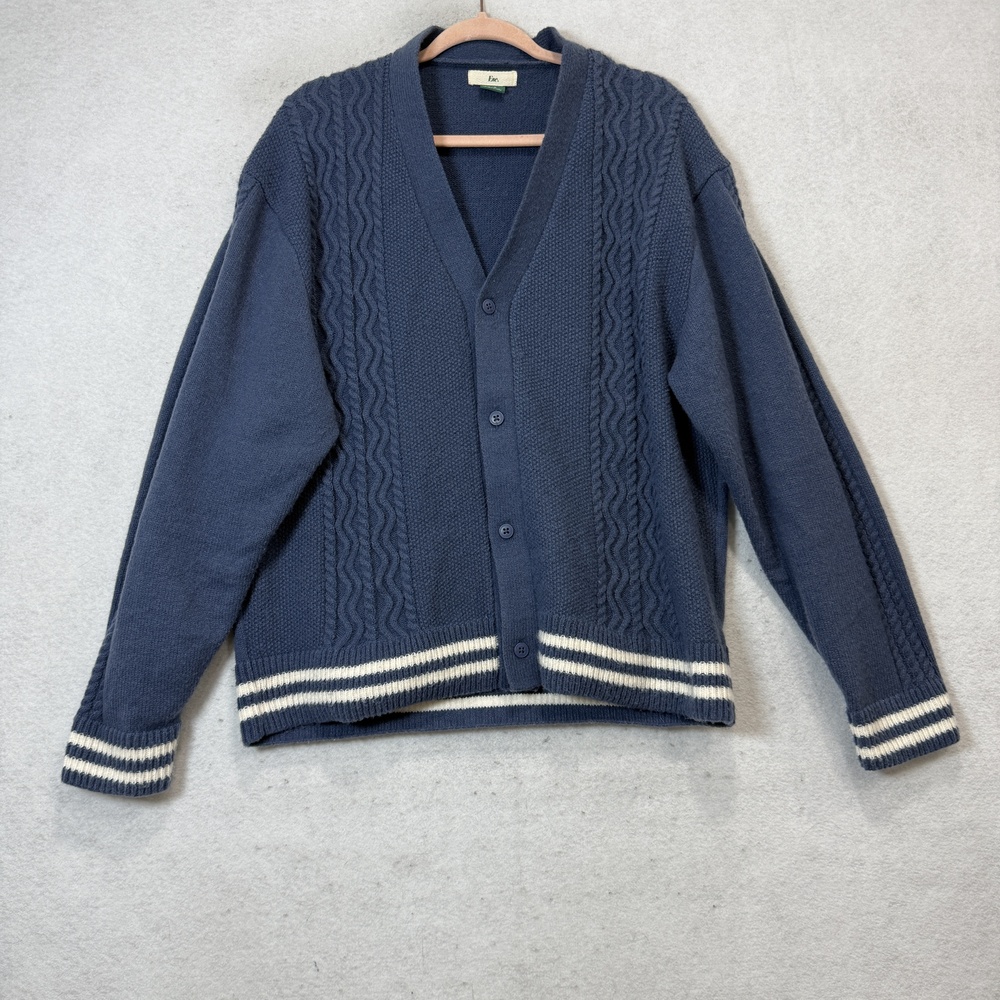 ESC. Cardigan Sweater Mens Large Blue Stripe V Neck Cable Knit Button Front
